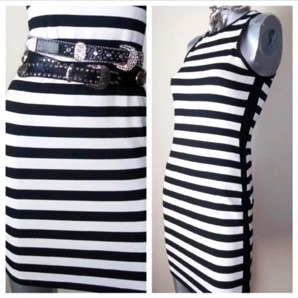 "Rachel Roy" Black/White Pop of Red Fitted Cocktail Party Midi Sleeveless Dress - Picture 4 of 9